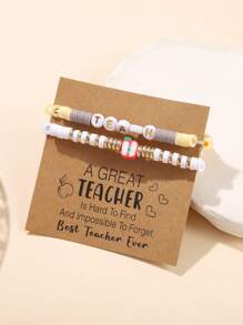 2pcs/Set Teacher's Day Bracelet Set, Fashion Soft Clay CCB Resin Wood Bead & Letter ''INSPIRE TEACH'' Bracelet, Suitable For Daily Wear And Gifting