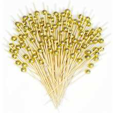 100PCS Cocktail Picks, Fancy Toothpicks For Appetizers, Decorative Skewers For Appetizers Drinks Party Fruit, 4.7 Inch Long Wooden Bamboo Gold Ball Food Sticks Charcuterie Boards Accessories