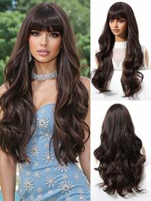Long Brown Highlight Wig With Bangs Wave Curly Wigs For Women 24 Inch Heat Resistant Natural Synthetic Wig For Daily Party Use,Mother's Day Gifts Or Holiday Party Everyday Wear,Gifts For Women,Accessories Women - 挑染棕色 - 查看 2