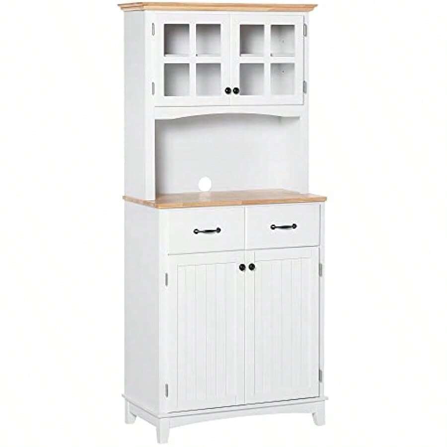 Freestanding Kitchen Cupboard Kitchen Storage Cabinet With Framed Glass Doors 2 Drawers Microwave Counter White - White - View 1