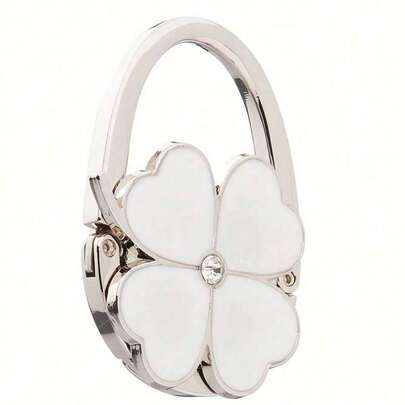 1pc Elegant Four-Leaf Clover White Foldable Handbag Hook - Fashionable Aluminum Alloy Wallet Desk Hook, Decorated With Heart-Shaped Flowers, Portable Metal Bag Holder, Suitable For Fashion Accessory Lovers, Can Be Used As Wall Frame, Self-Adhesive Wall Hook, Hanger, Bathroom Towel Rack, Door Hook