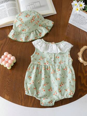 2件套新生女宝宝可爱时尚无袖连体衣和帽子套装，夏季