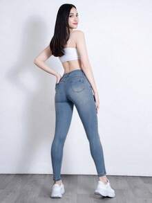 Azul Claro Y Azul Grisáceo Vaqueros de Mezclilla Stretch, Efecto Push Up y Tiro Alto Moldeador de Cintura - Azul - Ver 1