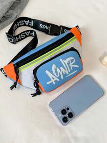 Nueva bolsa de cintura y de pecho con letras grafiteadas y colores contrastantes para niños, bolso bandolera de moda callejera de estilo hip hop