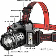2pcs 900000LM High Power LED Red Strap Headlamp SUB Rechargeable Headlamp Zoomable Headlamp Outdoor Camping Headlamp Height Adjustable - 紅色 - 查看 6