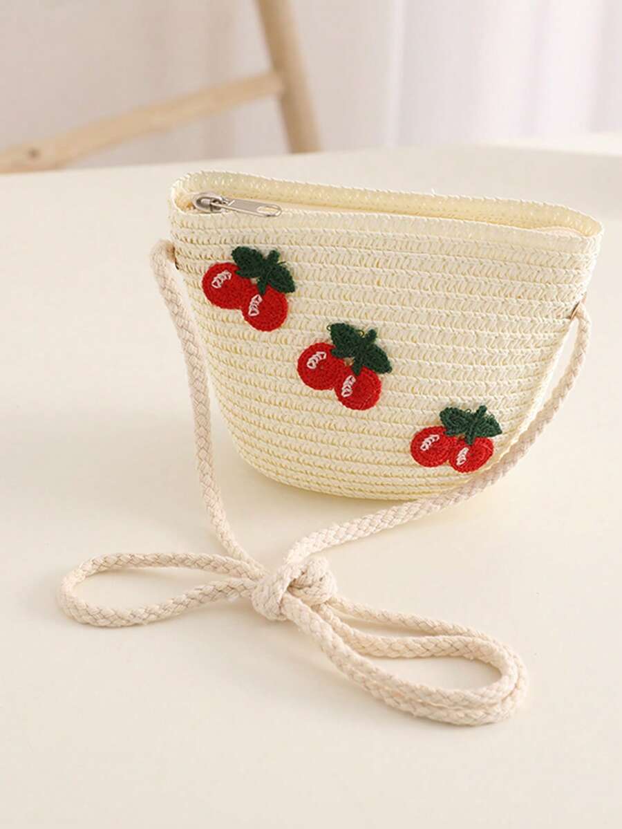 1pc Girls Cute Cartoon Knitted Cherry Woven Princess Backpack, Suitable For Outing And Daily Use - White - View 1