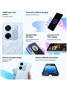 Xiaomi Redmi 13x 智能手机 8GB+256GB 全球版 Helio G91 Ultra 处理器 6.79 英寸 FHD+ 点阵屏 最高 90Hz 刷新率 108MP 超清主摄像头 5030mAh (典型值) 电池 支持 33W 快充 3.5mm 耳机孔 小米 HyperOS 系统，送给孩子和父母的圣诞礼物 - 黑色 - 查看 2