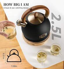 Tea Kettle & Tea Pot, 2.64 Quart  Stainless Steel Induction Whistling Tea Kettle For Stove Top Home Daily Use Teapot With Cool Touch Ergonomic Handle Polished Black - 黑色 - 查看 3