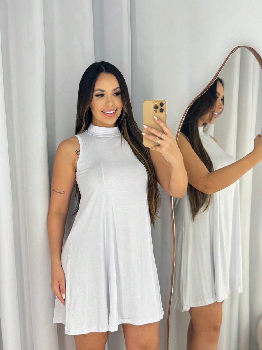 HIGH NECK LOOSE TANK TOP DRESS EVERYDAY FASHION ELEGANT - White - View 1