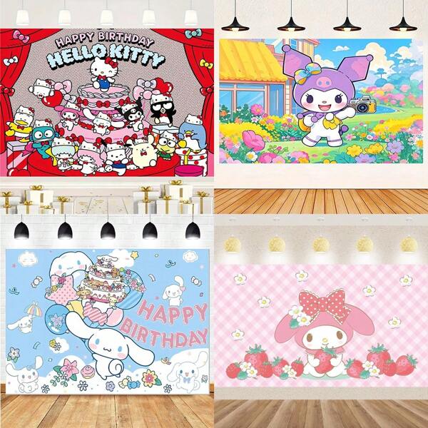 Sanrio Backdrop Cloth, Hello Kitty, My Melody, Kuromi, Cinnamoroll, Pochacco Kawaii Theme Party Decoration Banner, Suitable For Indoor/Outdoor Party, Classroom, Home Decor