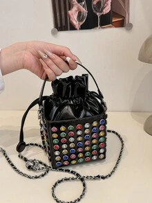 1pc New Crossbady Bags For Girl Women's Pu Leather Handbags Female Lady Bucket Shoulder Messenger Bags Classic Fashion Square High Quality Brand Designer Rhinestone Studded Camera Makeup Bag Drawstring Bag Chain Shoulder Strap With Drawstring Suitable For Dating, Shopping, Commuting, And Working Black Silver White - Multicolor - View 3