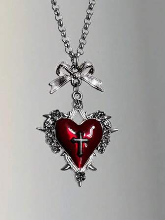 1 件哥特朋克风格红黑心形、蝴蝶、十字架吊坠项链，复古风格 Y2K 美学颈链，适合女士
