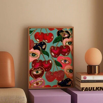 1 Tấm Poster Cherry, In Họa Tiết Funky, Nghệ Thuật Tối Đa Quyến Rũ, Poster Trái Cây Chiết Trung, In Chủ Đề Mắt, Trang Trí Tường Bếp, In Màu Đỏ Đậm, Trang Trí Dopamine - Tranh Canvas Áp Phích Nghệ Thuật Treo Tường Trang Trí Nhà Phòng Không Khung