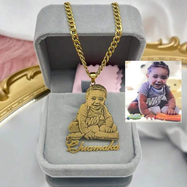 Stainless Steel Custom Photo Necklace Custom Picture Nameplate Pendant Necklace For Kids Custom Memory Jewelry For Family Gifts