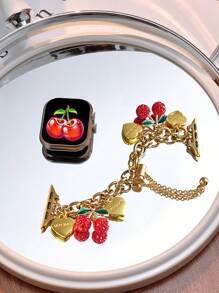1 件兼容 表带 AppleWatch 表带女款 Love Cherry 吊坠金手链，兼容 38/40/41/42/44/45/46/49 毫米，适用于 Ultra3/2/1/Se/10/9/8/7/6/5/4/3/2/1，可调节伸缩拉丝设计金属表带，苹果手表配件，女士配饰，适合夏季女性