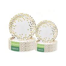 Round Disposable Paper Plates For All Occasions - 100 Pack - 50 X 9" And 50 X 7" Dinner Plates, Golden Foil Polka Dots , White And Gold Party Supplies - 黑色/金色 - 查看 1