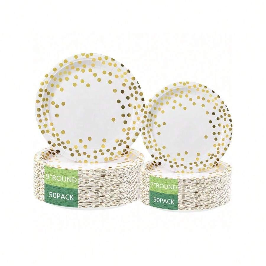 Round Disposable Paper Plates For All Occasions - 100 Pack - 50 X 9" And 50 X 7" Dinner Plates, Golden Foil Polka Dots , White And Gold Party Supplies - 白金 - 查看 1