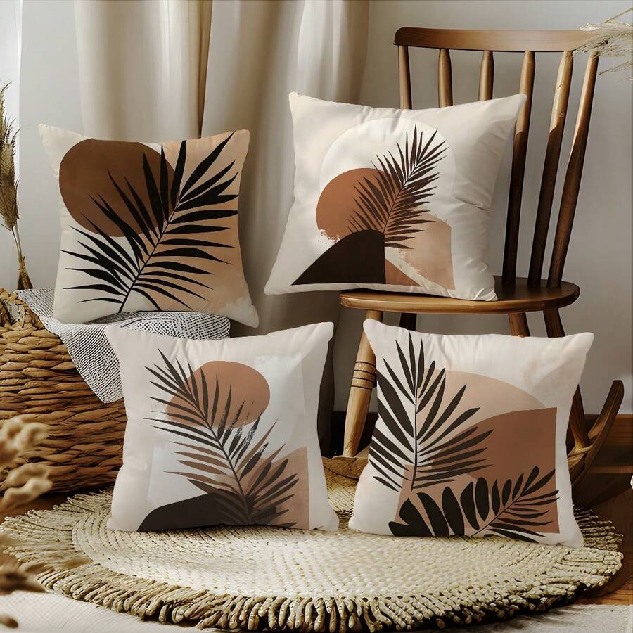 4 件棕色波西米亚风简约叶子印花枕套 [无填充物]，17.7*17.7 英寸 (45*45 厘米)，[单面印花]，农舍乡村风格涤纶抱枕套，适用于沙发、客厅、卧室、汽车、办公室、酒店、Airbnb，是送给家人和朋友的完美礼物，四季皆宜