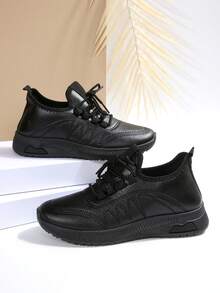 Women Round Toe Lace-Up Casual Athletic Sneakers, Comfortable Plain Color, Suitable For All Seasons - Black - View 2