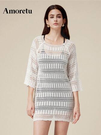  Amoretu Women's Boatneck Casual Seven Sleeve Cute Crochet Dress Blouse