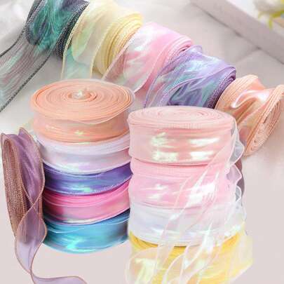 50码彩虹色鱼尾纱丝带花束包装欧根纱有线丝带圣诞婚礼装饰礼品包装