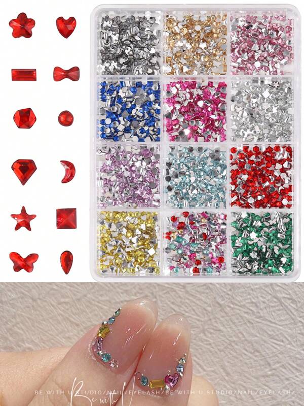 12 Grid Multi Shape 3D Mini Color Flat Bottom Nail Rhinestone Irregular Diamond, Nail Gemstone Glass AB Crystal Jewelry Toolkit Nail Charm Diamond DIY Nail Art, Used For Homemade Crafts, Facial, Clothing, Nail Art Decoration