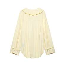 MUMRAP Women Fashion Solid V Neck Ruffles Shirts Summer Lace Up Loose Long Sleeve Blouse - Màu vàng - Xem 10