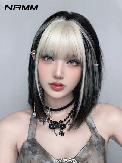 NAMM Peluca corta y recta de 14 pulgadas de moda para mujeres, peluca de cabello corto y recto de color rubio blanco con flequillo, fibra resistente al calor, peluca completa para disfraces para uso diario en la oficina - Peluca de disfraz de cosplay - Accesorios de peluca para celebraciones de Sakura, glamour y fiestas, fotografía callejera - Peluca regalo para niñas