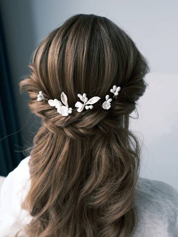 5pcs White Soft Pottery Flower Bridal Hair Stick, Elegant Plaster Flower Core Style Hair Accessory, Suitable For Wedding, Party, Birthday Photo Shoot