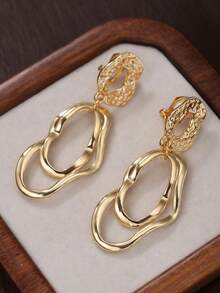 2pcs Fashionable Metal Geometric Circle Asymmetrical Luxurious Ins Style Multi-Layer Earrings And Earrings For Women Without Ear Piercings - Gold - View 6