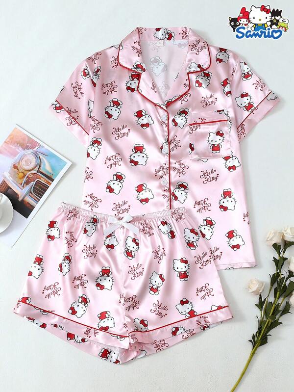 2pcs Spring/Summer Women's Silk-Like Sanrio Hello Kitty Printed Lapel Short Sleeve Button Pocket Top And Bow Shorts Pajama Set, Suitable For Home Wear