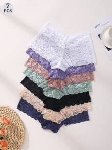 7 PCS Women's Sexy Lace Splicing Boxer Shorts Mid Waist Seamless Panties Comfortable And Breathable Briefs Tummy Control &Butt Lifter Stretch Underwear Lingerie