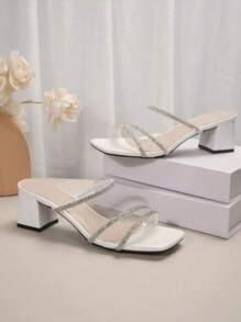 2025 New Women's Crystal Embellished Block Heel Open Toe Slide Sandals, Outdoor Party Mid Heel Slippers