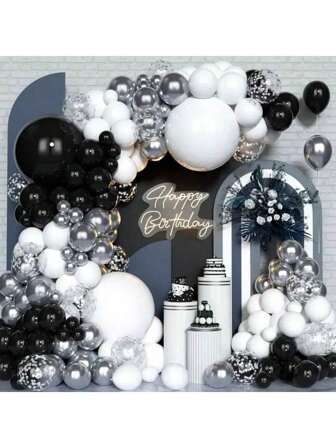 110 个黑色、银色、白色乳胶气球，适用于生日派对/婚礼拱门装饰，包含 1 卷拱门条和 1 卷气球胶
