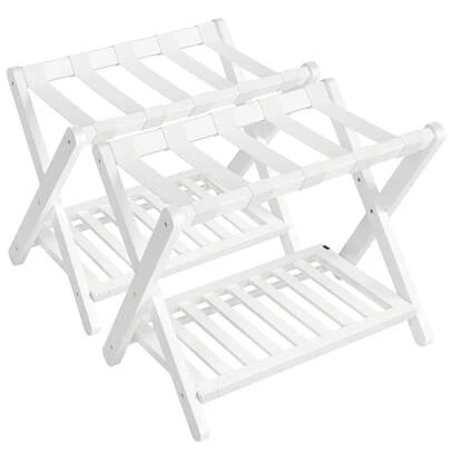 SONGMICS Solid Wood Luggage Racks, Set Of 2, No Assembly Required, Foldable Suitcase Stand, Luggage Holder, With Storage Shelf, For Guest Room, Hotel, Bedroom, Cloud WhiteLuggage Racks Back To School