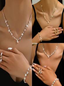 4 pièces/set Ensemble de bijoux de mariée élégant et haut de gamme comprenant un collier, des boucles d'oreilles et un bracelet. Convient pour le mariage, l'anniversaire, les soirées et les accessoires de robe