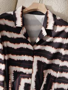 2pcs Spring/Summer Personalized Fashion Print Long Sleeve Patchwork Casual Vacation Suit Tops - Coffee Brown - View 6