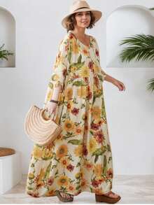 Chinese Spring Festival, 2026 Top, Women's Dress, Sunflower Print Skirt, Top, Daily Dress, Women's Plus-Size, Summer New Bohemian Leisure Vacation Elegant Beach Wear, Crew-Neck Print Loose Mother Dress,