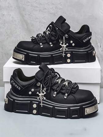 Platform Men's Derby Shoes, Skull Head Decor, Colorblock, Casual Punk Style High-Top Sneakers