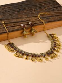 3pcs/Set Vintage Style Rhinestone Teardrop Design Jewelry Set, Antique Gold Flower Decor Earrings, Bell Pendant Necklace Suitable For Women's Holiday Gifts,Daily,Party Wear - Jewelry Sets - View 8