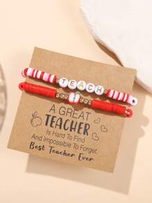 2pcs/Set Teacher's Day Bracelet Set, Fashion Soft Clay CCB Resin Wood Bead & Letter ''INSPIRE TEACH'' Bracelet, Suitable For Daily Wear And Gifting