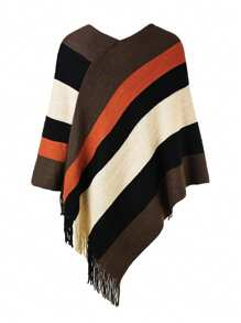 1pc Women's Fashionable Multi-Color Plaid & Tassel Knitted Shawl, Popular European And American Style