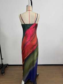 Women's Sexy Casual Vacation Printing Spaghetti Strap Low-Cut Zipper Back Long Dress, Summer