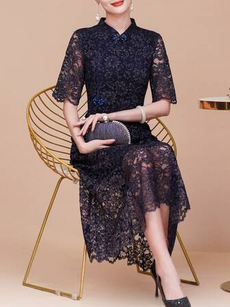 女式蕾丝花卉中长连衣裙，修身短袖，蓝色，优雅款式 - 立领，飘逸袖子，半透明，略有弹性，适合日常/休闲/婚礼/派对/订婚/仪式/宴会/社交场合/节日/半正式/生日，伴娘礼服