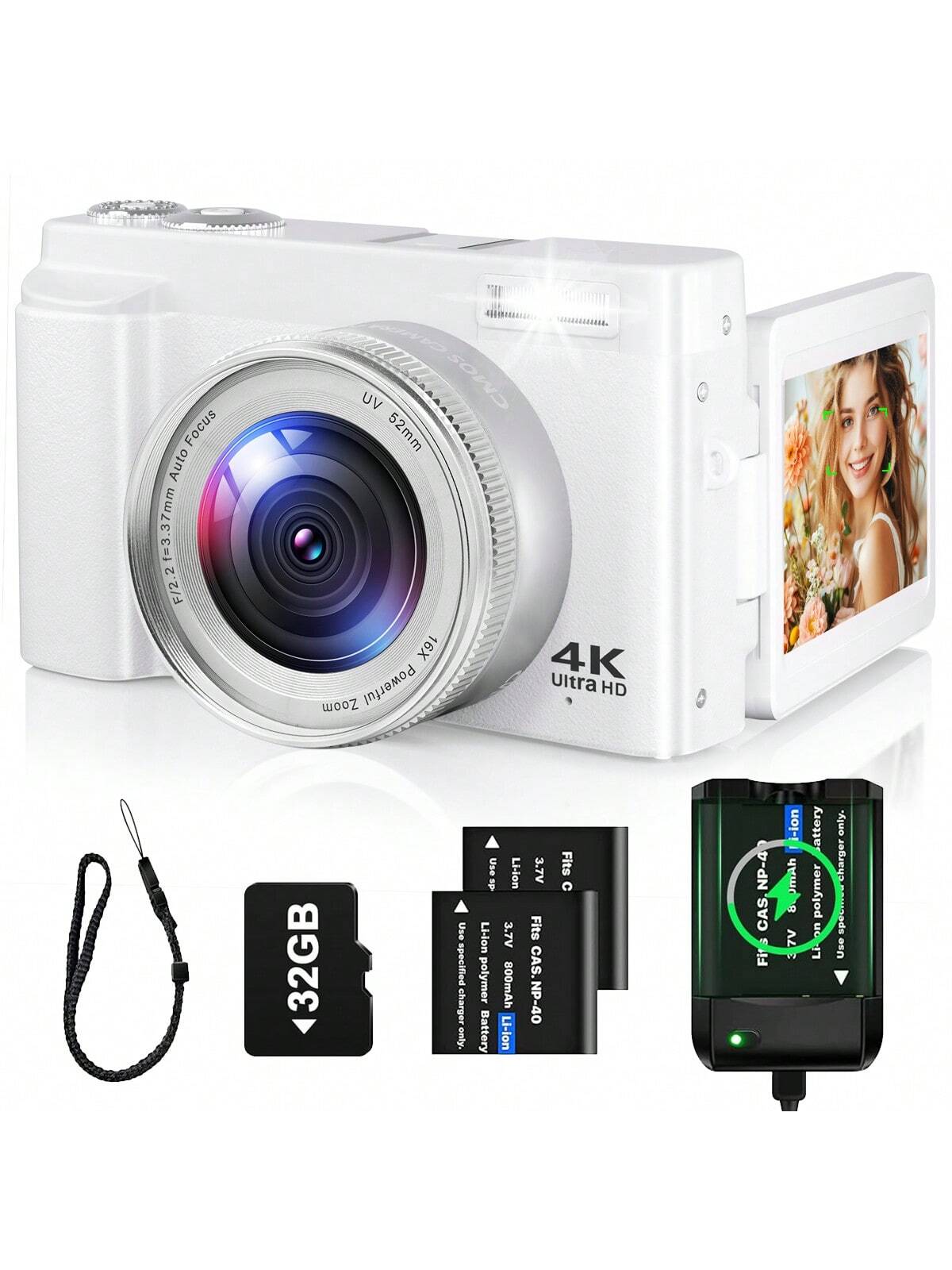 Nicamery كاميرا رقمية 4K للتصوير الفوتوغرافي ، كاميرا تركيز تلقائية 48 ميجابكسل مع بطاقة ذاكرة 32 جيجابايت ، 180 ° 3 بوصة ، كاميرا فيديو مدونة ، كاميرا مكثفة فيديو عالية الدقة مع تكبير رقمي 16x ، OIS ، بطاريات 2