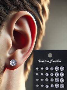 24pcs Men's Large And Small Earrings Set - Silver - View 1