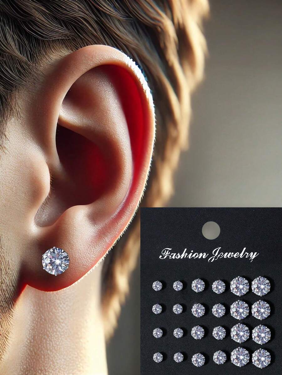 24pcs Men's Large And Small Earrings Set - Silver - View 1