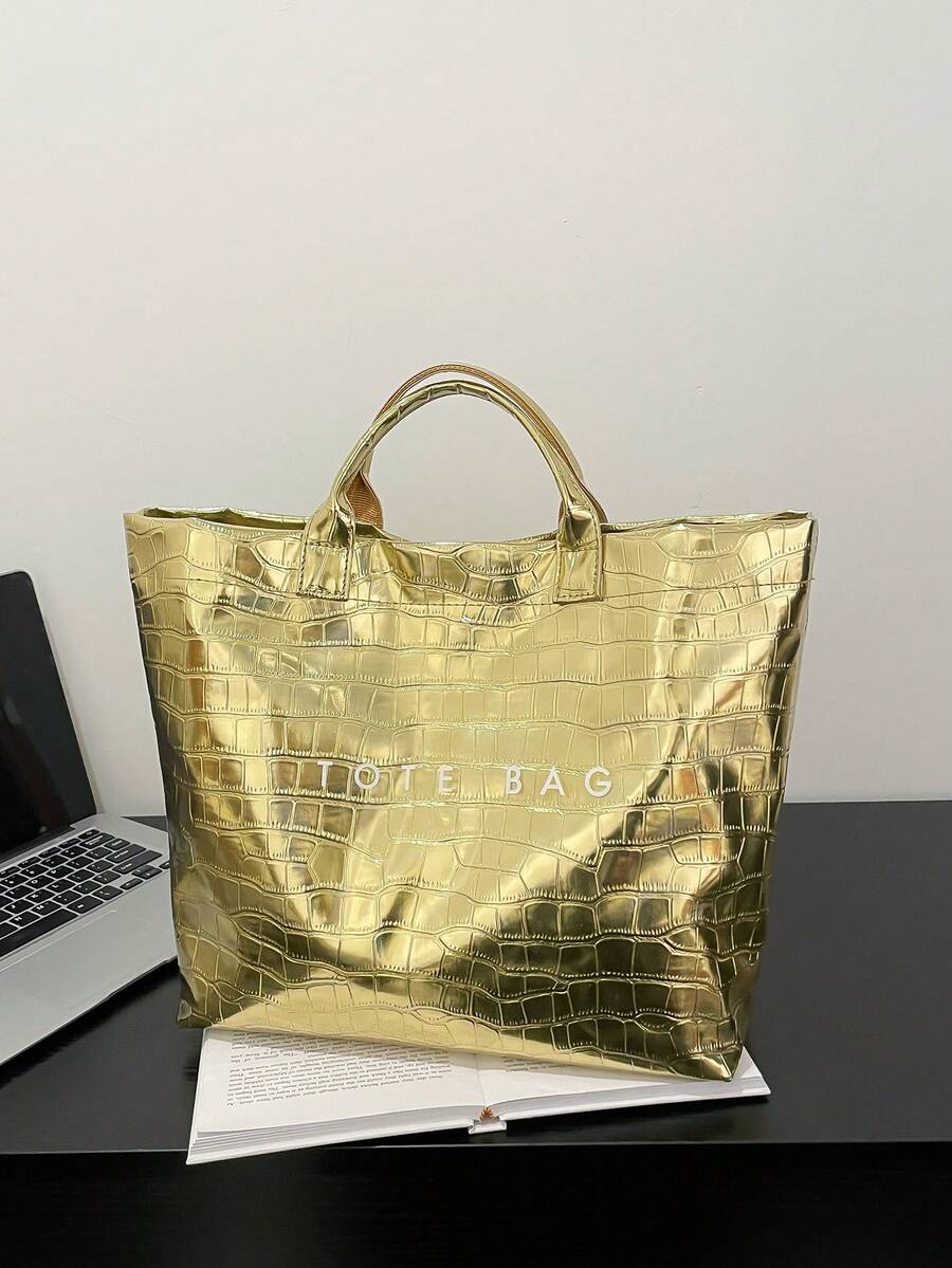 金色闪亮春夏时尚 YK2 明星 PVC 鳄鱼印花果冻防水手提包，大容量沙滩包，轻便旅行手提包，适合女性办公室工作、学校、购物、通勤