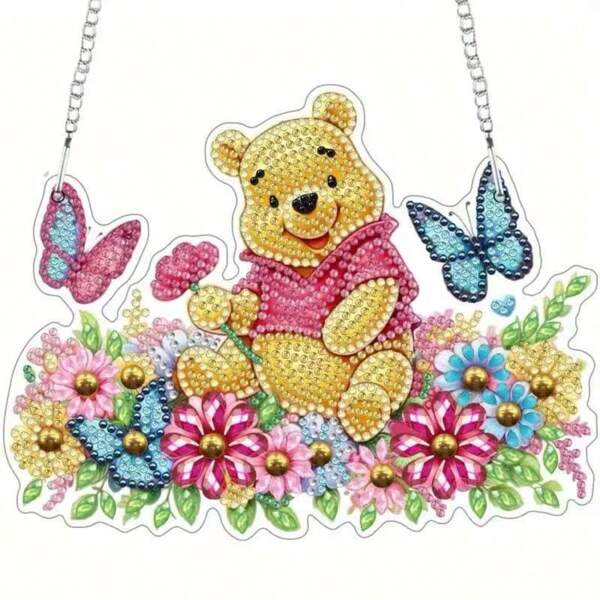 Winnie Bear Stitch 2D Flat Printing, Acrylic Diamond Art Pendant - Unique Shaped Diamond, Flower Cross Design, Suitable For Office Desk Decoration And Gifts, Art Painting, Pendant New Year, Valentine's Day, Ramadan, Various Party Gifts