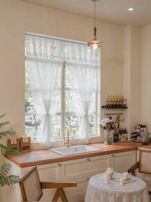 2pcs "Encounter Tenderness! Lace Curtain Covers Window, Infuses Kitchen With Dreamy Ambience, Displaying Elegant Living Aesthetics" Nordic Romantic Style, 100% Polyester Material, Rod Pocket Design, Suitable For Bedroom, Living Room, Kitchen, Balcony
